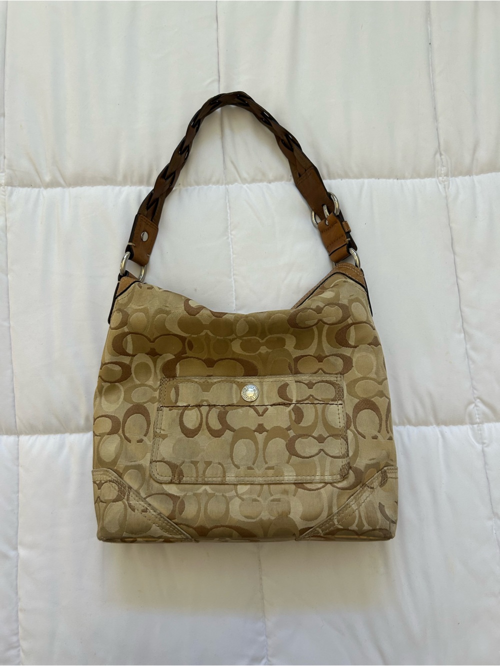 Coach Chelsea Hobo Shoulder Bag Beige Tan Signature Braided Strap